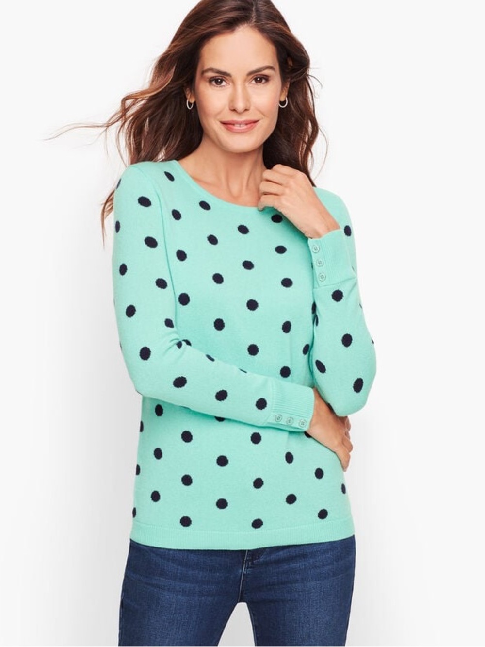 Talbots 100% Cashmere Crewneck Sweater Button Cuffs Teal with Navy Polka Dots